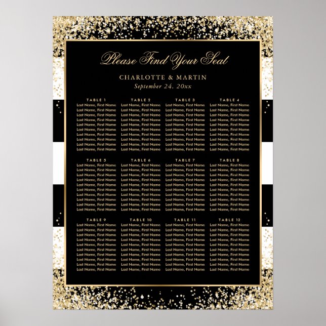 Black White Gold Confetti Wedding Seating Chart 12 (Front)