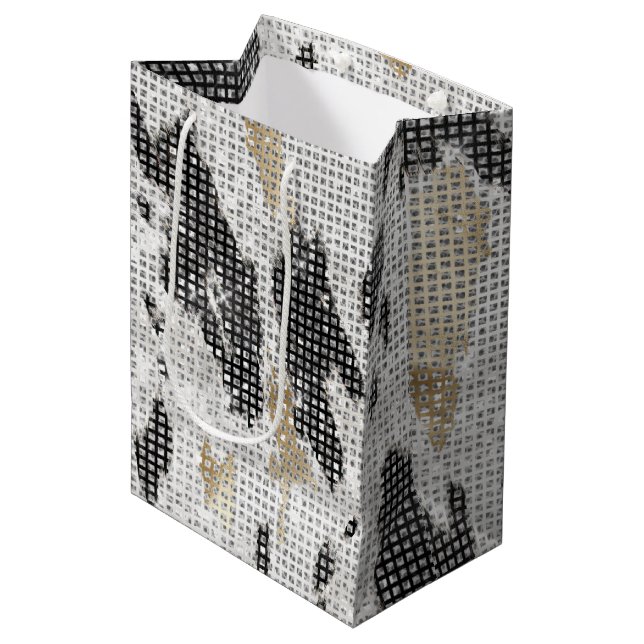 Black White Gold Cow Animal Print Sparkle Birthday Medium Gift Bag (Front Angled)