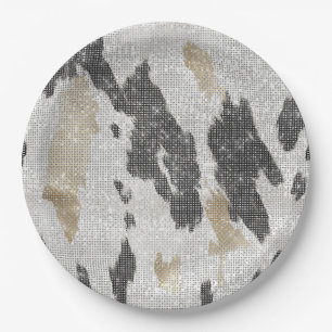 Black White Gold Cow Animal Print Sparkle Birthday Paper Plate