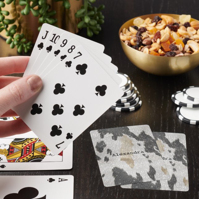 Black White Gold Cow Animal Print Sparkle Playing Cards (In Situ)