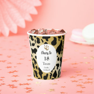 Black White Gold Cow Spots & Horseshoe Birthday Paper Cups