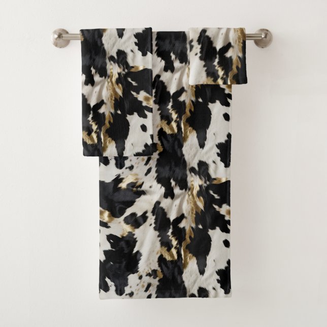 Black White Gold Cowgirl Cowhide Bath Towel Set (Insitu)