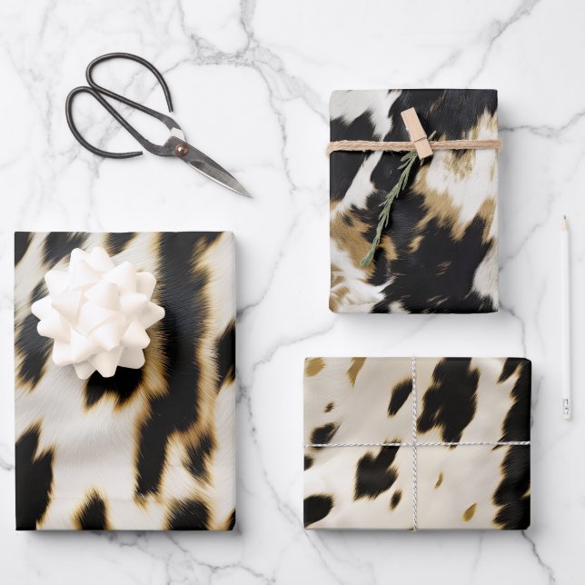 Black White Gold Cowgirl Cowhide Wrapping Paper Sheet (Front)