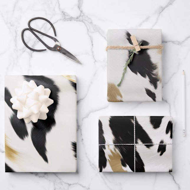 Black White Gold Cowhide Birthday Wrapping Paper Sheet (Front)