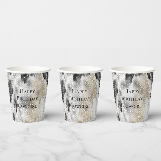 Black White Gold Cowhide Cowgirl Sparkle Birthday Paper Cups (Multi)