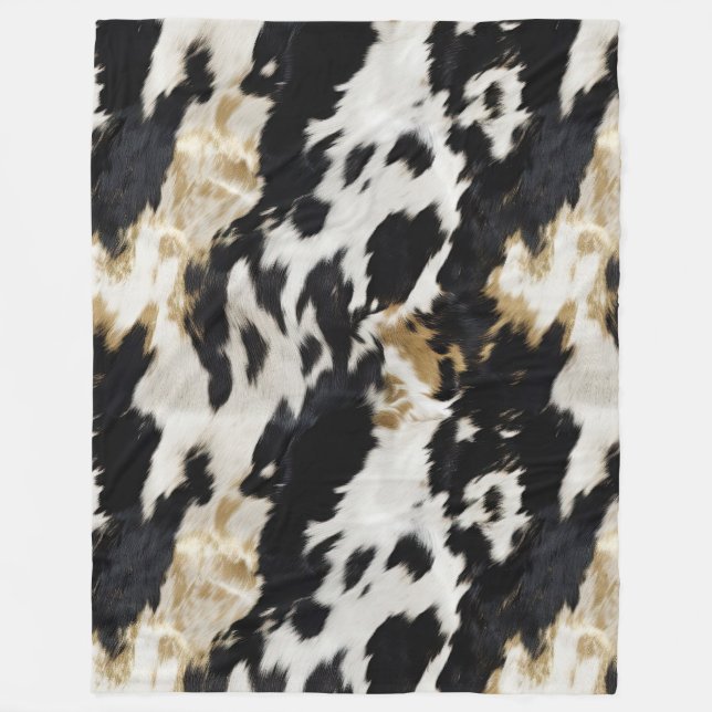 Black White Gold Cowhide Fleece Blanket (Front)