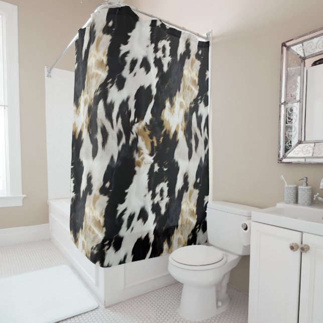 Black White Gold Cowhide Shower Curtain (In Situ)