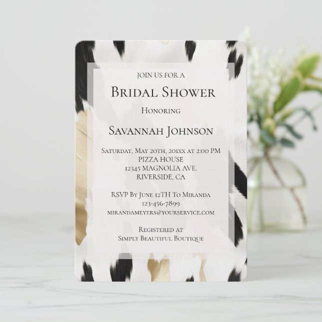 Black White Gold Cowhide Southwest Bridal Shower Invitation (Standing Front)