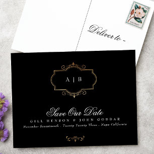 black white gold crest monogram Foil Save The Date Announcement Postcard