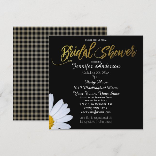 Black White Gold Daisy Theme Bridal Shower Invitation (Front/Back)