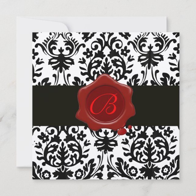 BLACK & WHITE GOLD DAMASK, RED WAX SEAL MONOGRAM INVITATION (Front)