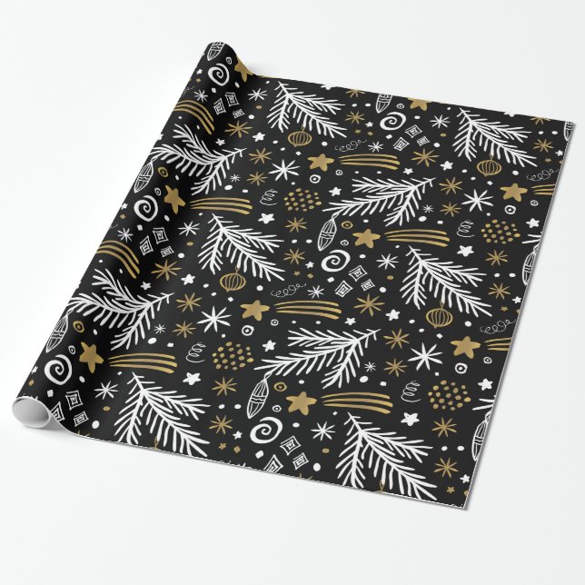 Black white  Gold doodle PINE and stars CHRISTMAS Wrapping Paper (Unrolled)
