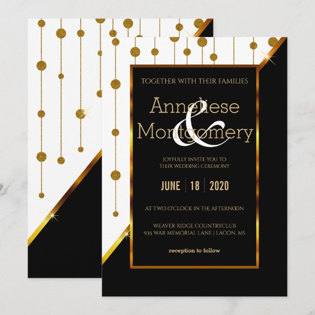 Black & White Gold Dot Strings Wedding Invitation (Front/Back)