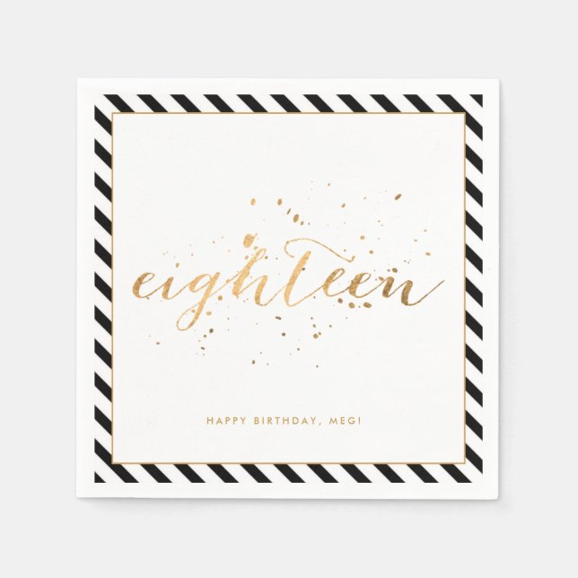 Black White Gold Eighteen 18th Birthday Party Napkin (Front)