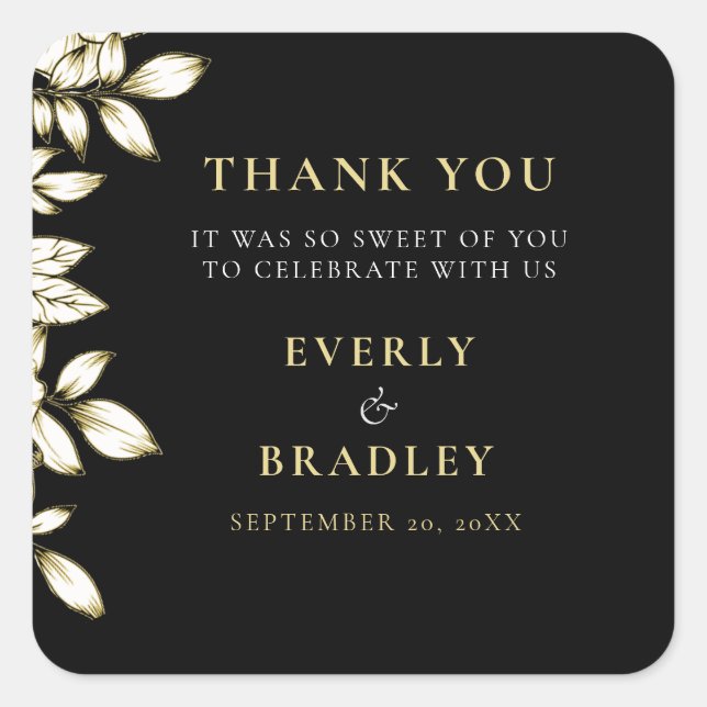 Black White Gold Elegant Floral Wedding Thank You Square Sticker (Front)