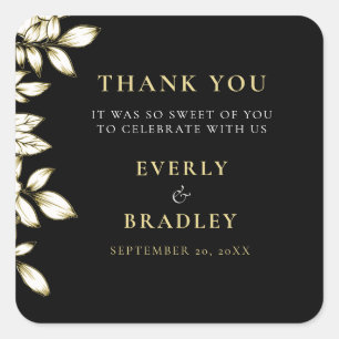 Black White Gold Elegant Floral Wedding Thank You Square Sticker