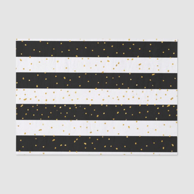 Black white gold faux glitter stripes polka dots tissue paper (Front)