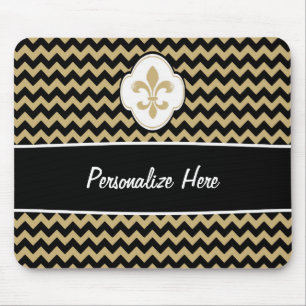Black White Gold Fleur de Lis Chevron Stripes Mouse Mat