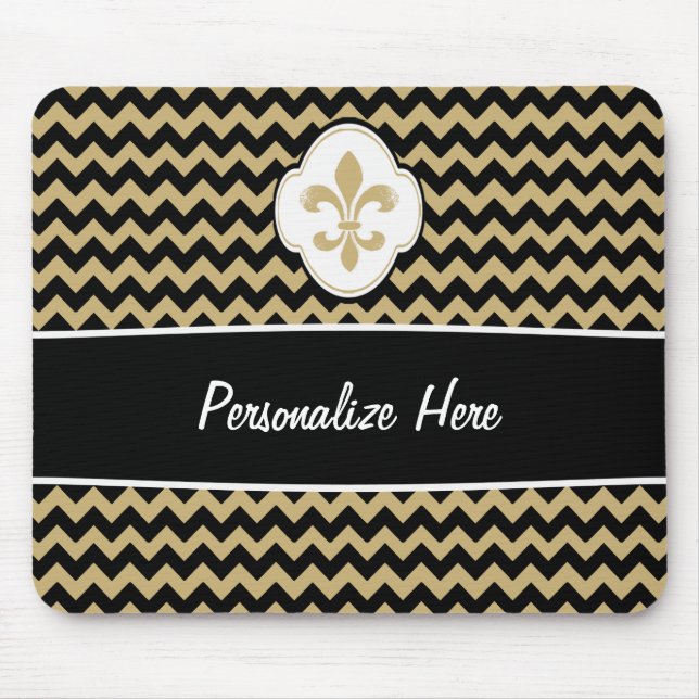 Black White Gold Fleur de Lis Chevron Stripes Mouse Mat (Front)