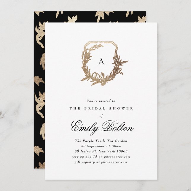black white gold floral crest bridal shower invitation (Front/Back)