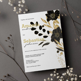 Black white gold floral elegant floral wedding invitation