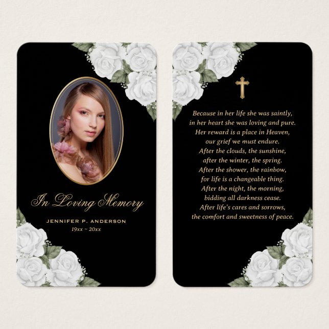 Black White Gold Floral Funeral Prayer Card (Front & Back)