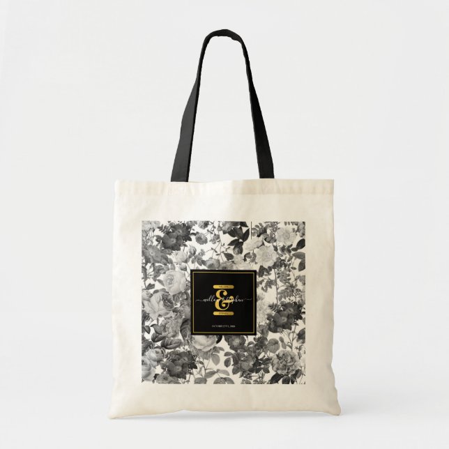 Black, White Gold Floral Monogram Wedding Tote Bag (Front)