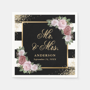 Black White Gold Floral Mr and Mrs Wedding Napkin