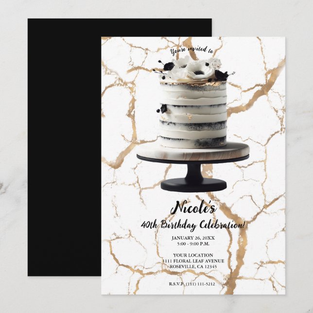 Black & White Gold Floral Tier Cake Birthday Party Invitation (Front/Back)