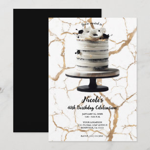 Black & White Gold Floral Tier Cake Birthday Party Invitation