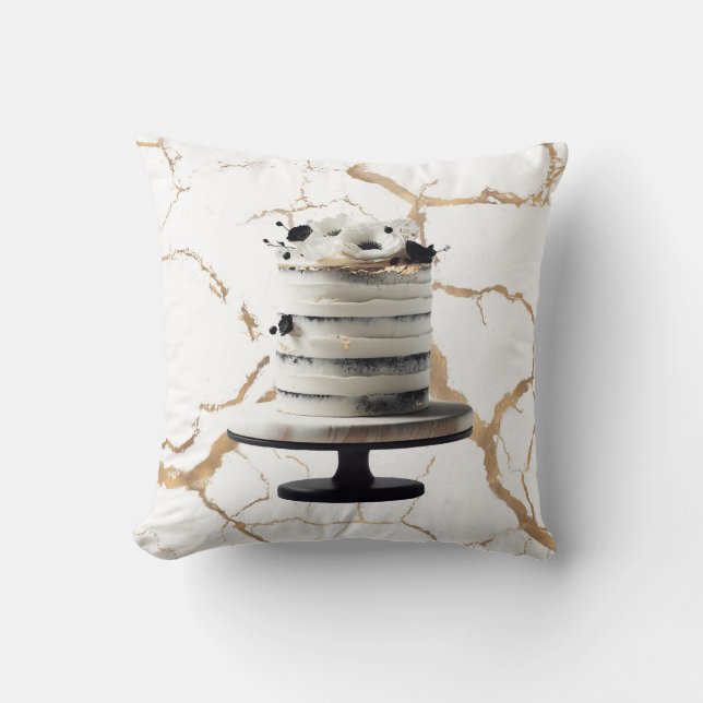 Black & White Gold Floral Tier Cake Bridal Shower  Cushion (Front)