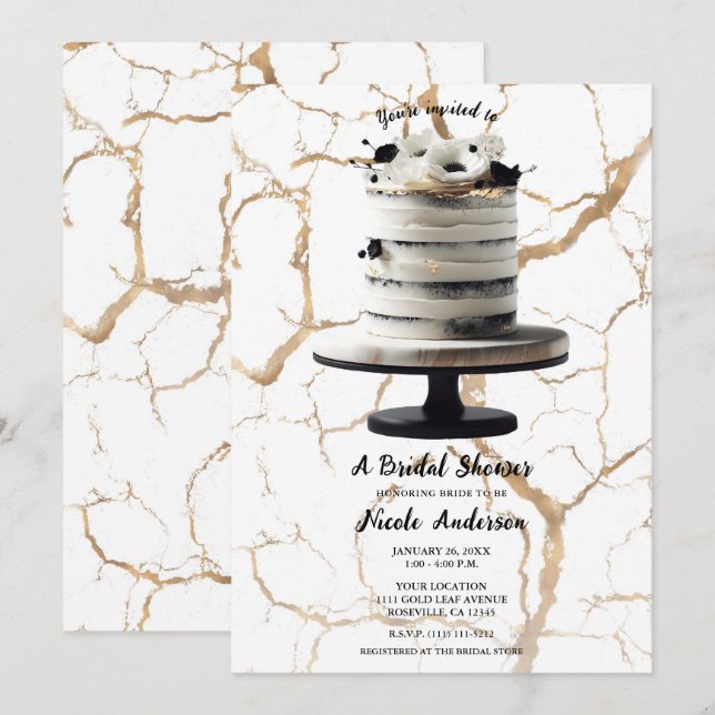 Black & White Gold Floral Tier Cake Bridal Shower  Invitation (Front/Back)