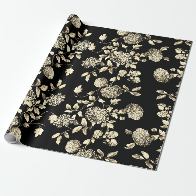 Black White Gold Floral Toile Wrapping Paper (Unrolled)