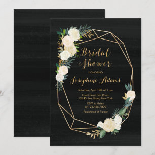 Black White Gold Floral Watercolor Bridal Shower Invitation