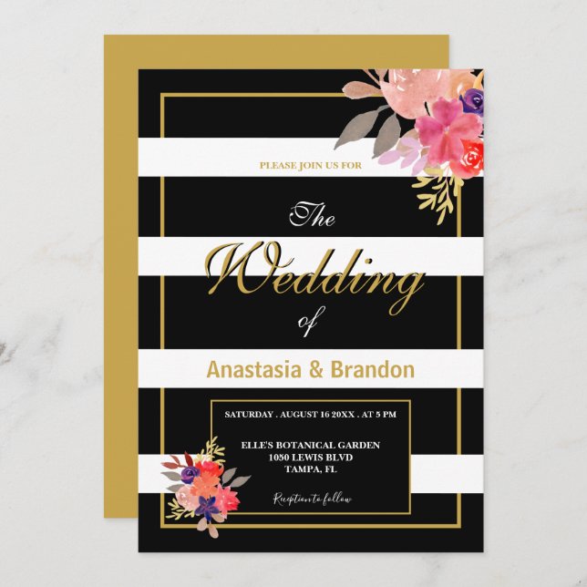 Black, White & Gold Floral Wedding Invitation (Front/Back)