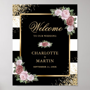 Black White Gold Floral Wedding Reception Sign