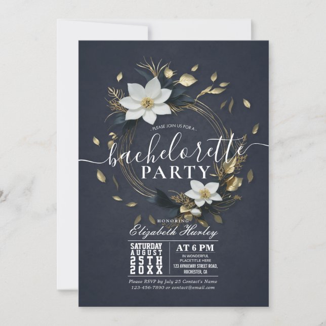 Black White Gold Floral Wreath Bachelorette Party Invitation (Front)