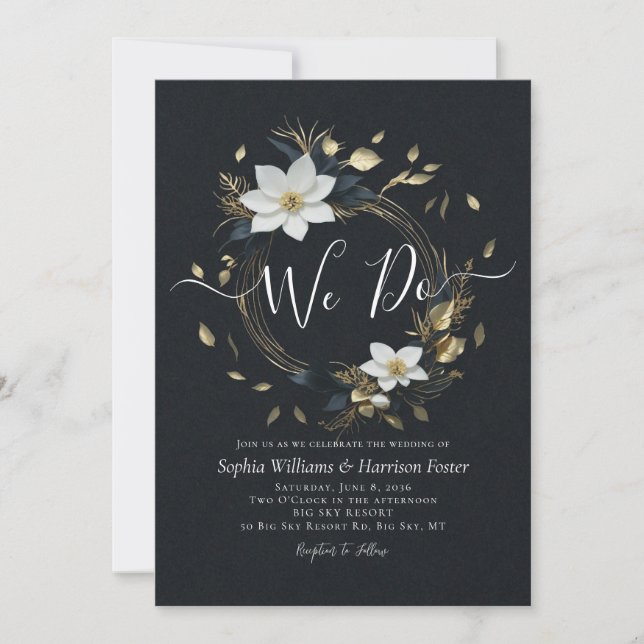 Black White Gold Floral Wreath We Do Wedding Photo Invitation (Front)