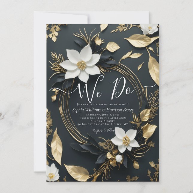 Black White Gold Floral Wreath We Do Wedding Photo Invitation (Front)