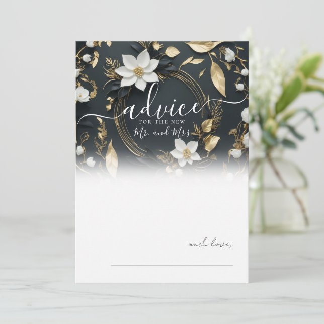 Black White Gold Floral Wreath Wedding Advice Card (Standing Front)