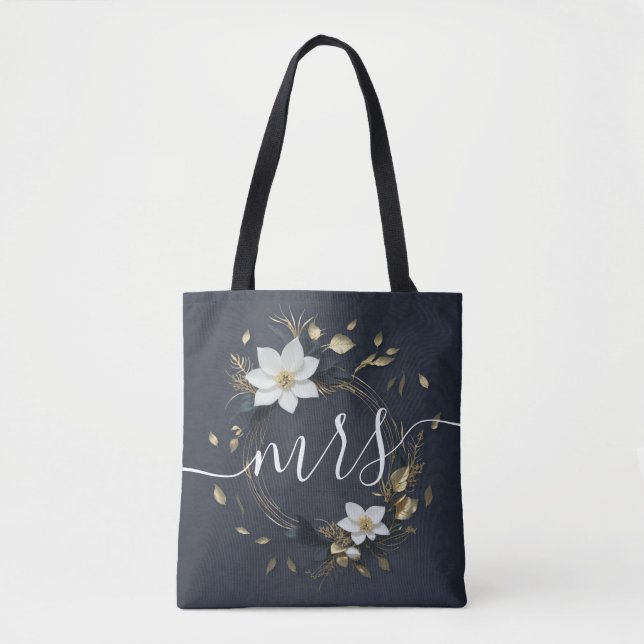 Black White & Gold Floral Wreath Wedding Bride Mrs Tote Bag (Front)