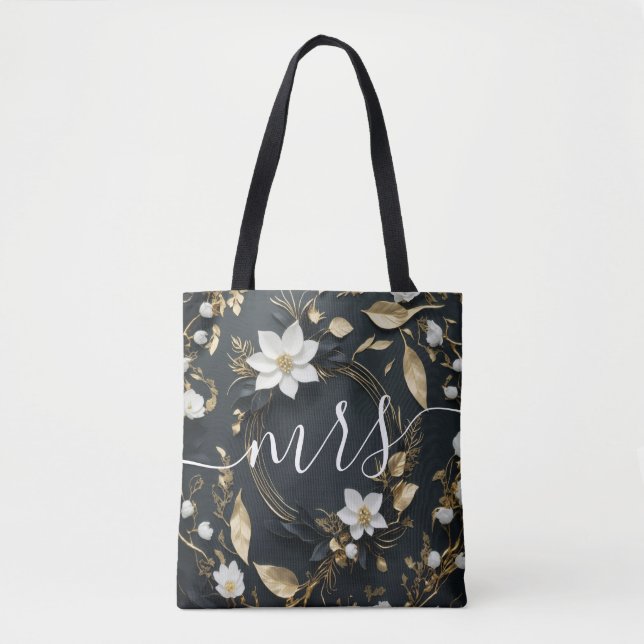 Black White & Gold Floral Wreath Wedding Bride Mrs Tote Bag (Front)