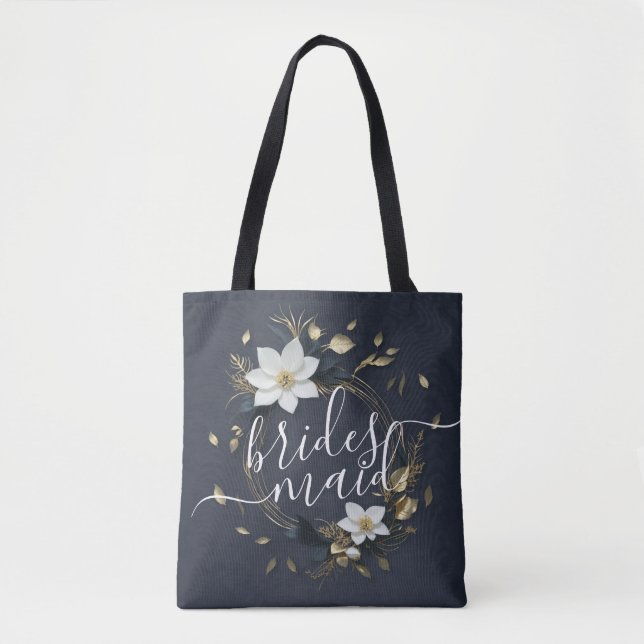 Black White Gold Floral Wreath Wedding Bridesmaids Tote Bag (Front)