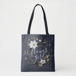Black White Gold Floral Wreath Wedding Flower Girl Tote Bag