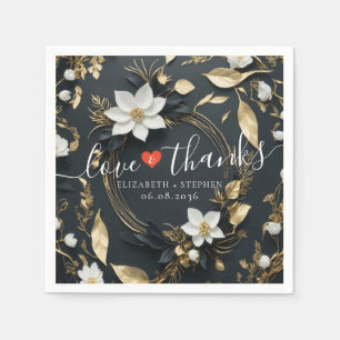 Black White Gold Floral Wreath Wedding Love Thanks Napkin