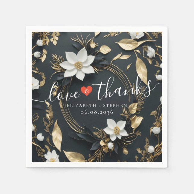 Black White Gold Floral Wreath Wedding Love Thanks Napkin (Front)