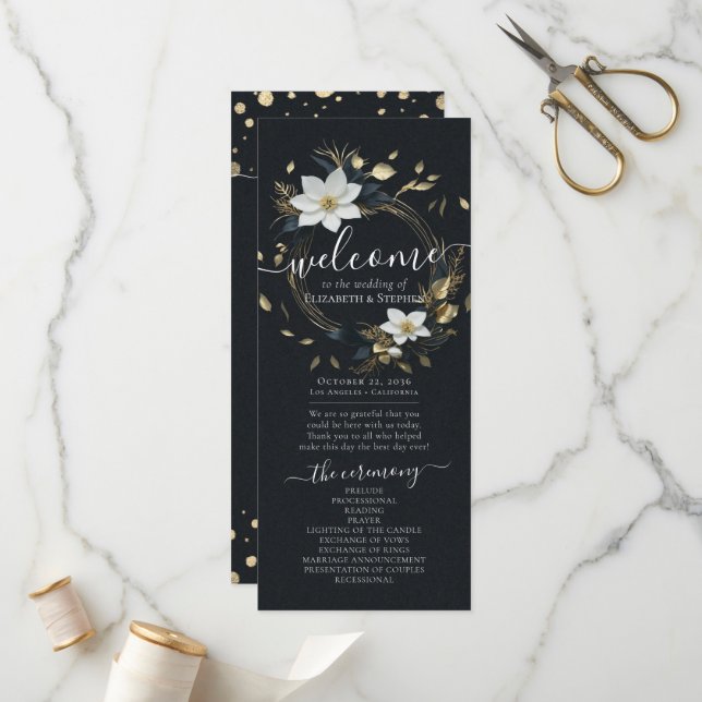 Black White Gold Floral Wreath Wedding Program Programme (Front/Back In Situ)