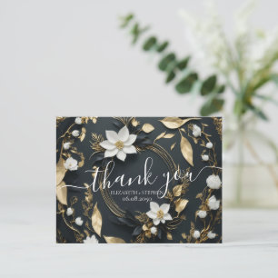 Black White & Gold Floral Wreath Wedding Thank You Postcard