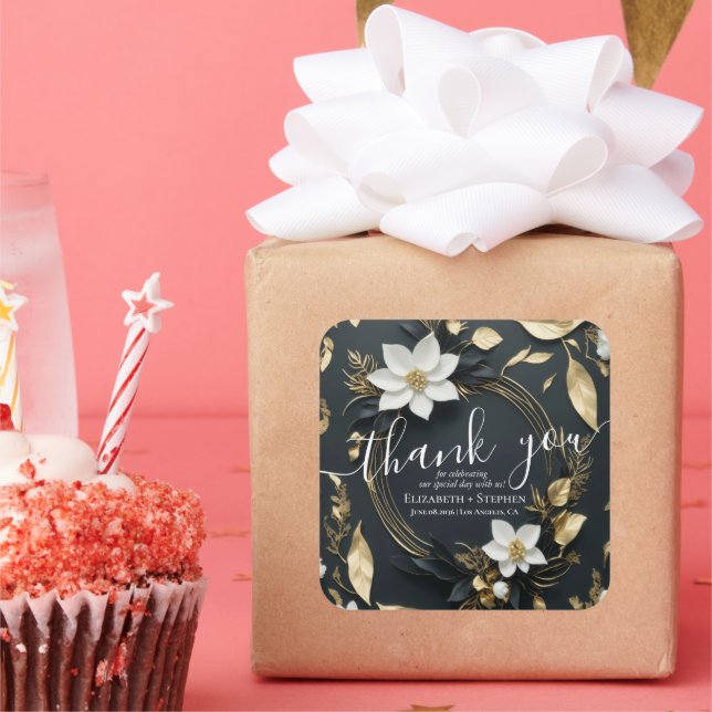 Black White & Gold Floral Wreath Wedding Thank You Square Sticker (Party)