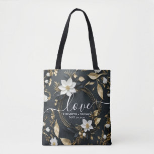 Black White Gold Floral Wreath Wedding Thank You Tote Bag